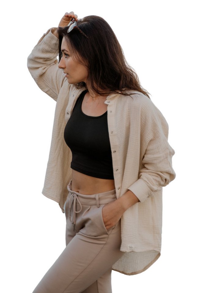 hutch&putch Langarmbluse Musselin Oversize Bluse - Klassische Bluse - Langarmbluse (1-tlg) Aus 100% Bio-Baumwolle - Vegan, Atmungsaktiv und Temperaturregulierend von hutch&putch