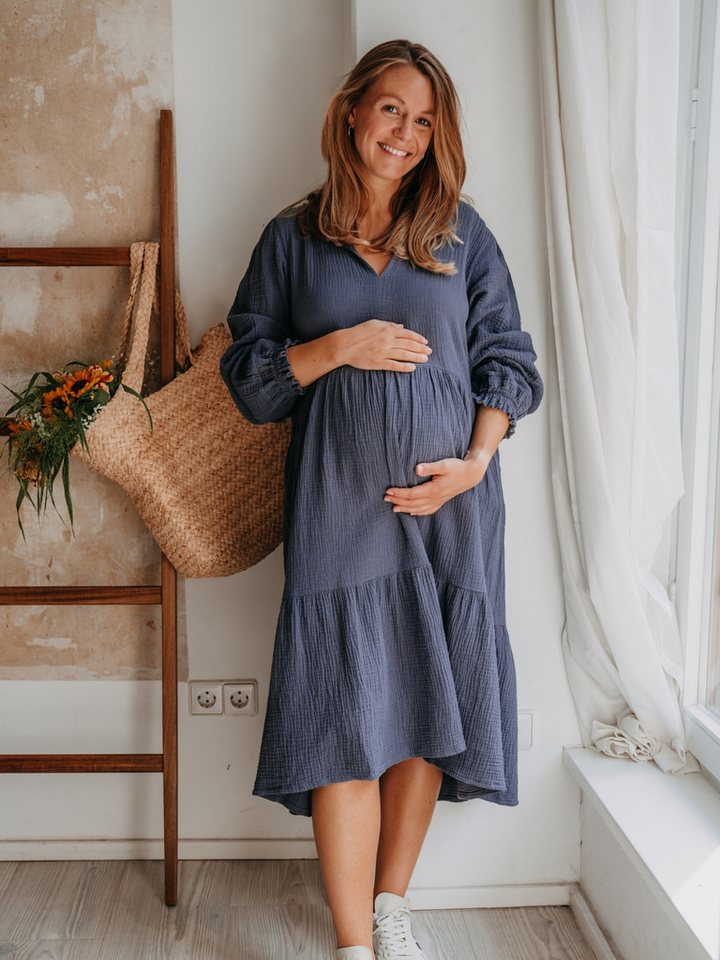 hutch&putch Maxikleid Musselin Kleid Damen Sommerkleid 100% Bio-Baumwolle mit Rüschen Kragen (1-tlg) elastischer Bund - trendige Volants von hutch&putch