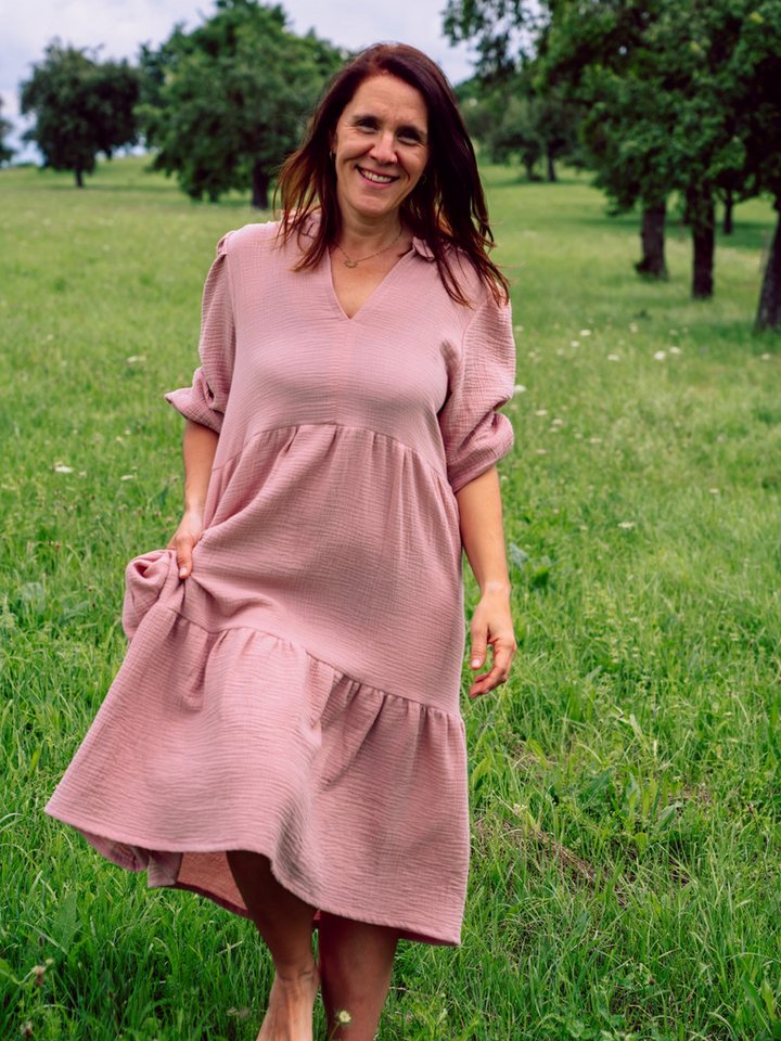 hutch&putch Maxikleid Musselin Kleid Damen Sommerkleid 100% Bio-Baumwolle mit Rüschen Kragen (1-tlg) elastischer Bund - trendige Volants von hutch&putch