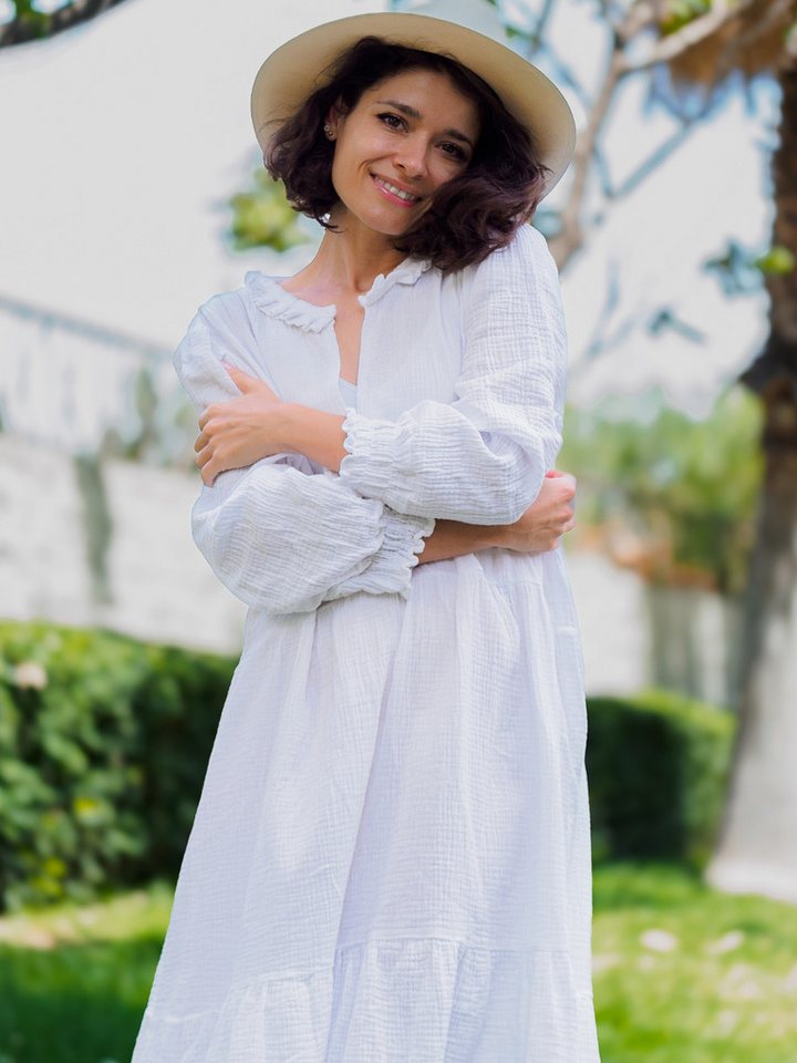 hutch&putch Maxikleid Musselin Kleid Damen Sommerkleid 100% Bio-Baumwolle mit Rüschen Kragen (1-tlg) elastischer Bund - trendige Volants von hutch&putch