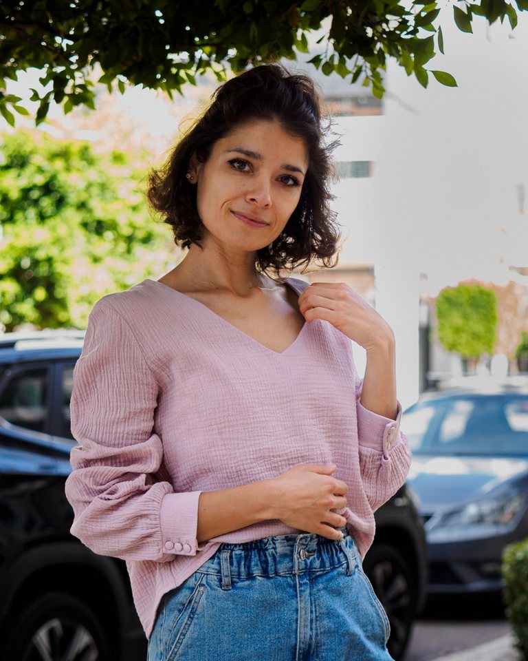 hutch&putch Schlupfbluse Musselin Bluse (kurz) mit Ballonärmeln aus 100% Bio-Baumwolle (1-tlg) Knöpfe am Handgelenk - in liebevoller Arbeit hergestellt von hutch&putch