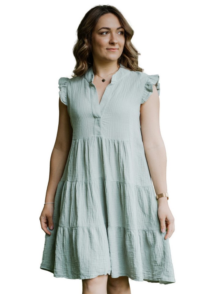 hutch&putch Sommerkleid Musselin Kleid Damen 100% Bio-Baumwolle mit gerüschten Ärmeln (1-tlg) weich und atmungsaktiv - Volantkleid - kurzes Kleid - Midikleid von hutch&putch