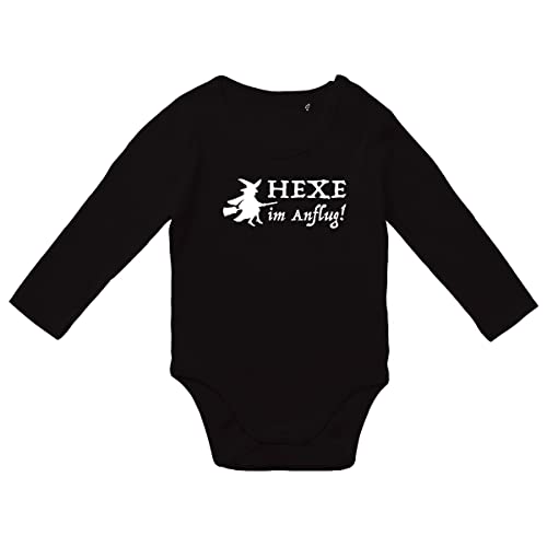 HUURAA Baby Body Hexe im Anflug Unisex Langarm Strampler Größe 68 Black mit witzigem Motiv Geschenk Idee zur Baby Party für Neugeborene und Kleinkinder von HUURAA
