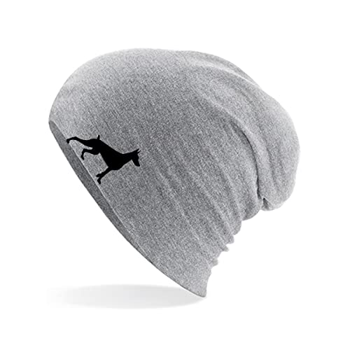 HUURAA Beanie Dobermann Silhouette Unisex Mütze Größe Heather Grey mit Motiv für Hundefreunde Geschenk Idee für Freunde und Familie von HUURAA