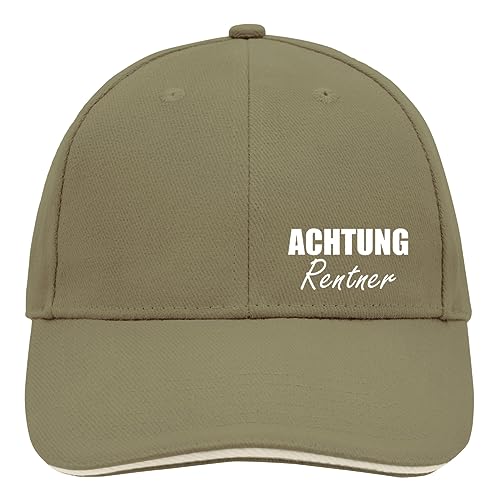 Huuraa Cappy Mütze Achtung Rentner Schriftzug Unisex Kappe Größe Olive/Beige für alle in Pension Geschenk Idee für Freunde und Familie von Huuraa