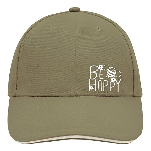 Huuraa Cappy Mütze Be Happy Biene Unisex Kappe Größe Olive/Beige mit süßem Motiv Geschenk Idee für Freunde und Familie von Huuraa