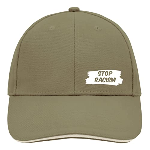 HUURAA Cappy Mütze Stop Racism Liebe Unisex Kappe Olive/Beige mit Friedens Motiv Geschenk Idee für Freunde und Familie von HUURAA