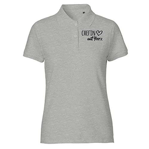 HUURAA! Damen Polo Shirt Chefin mit Herz Bio Baumwolle Fairtrade Oberteil Größe M Sport Grey mit Motiv für die tollsten Menschen Geschenk Idee für Freunde und Familie von HUURAA