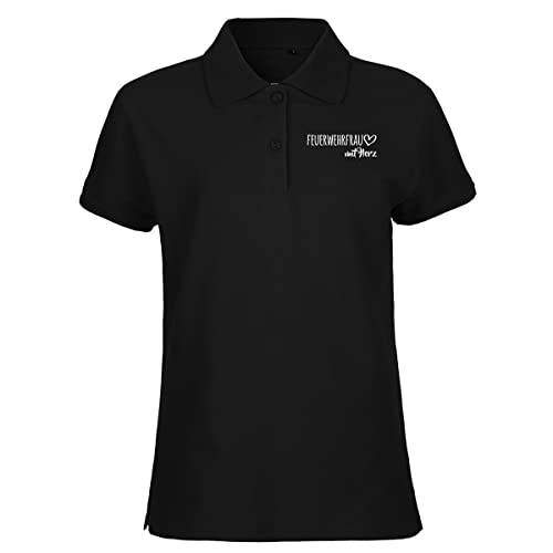 HUURAA! Damen Polo Shirt Feuerwehrfrau mit Herz Bio Baumwolle Fairtrade Oberteil Größe L Black mit Motiv für die tollsten Menschen Geschenk Idee für Freunde und Familie von HUURAA