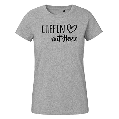 HUURAA Damen T-Shirt Chefin mit Herz Bio Baumwolle Fairtrade Oberteil Größe L Sport Grey mit Motiv für die tollsten Menschen Geschenk Idee für Freunde und Familie von HUURAA