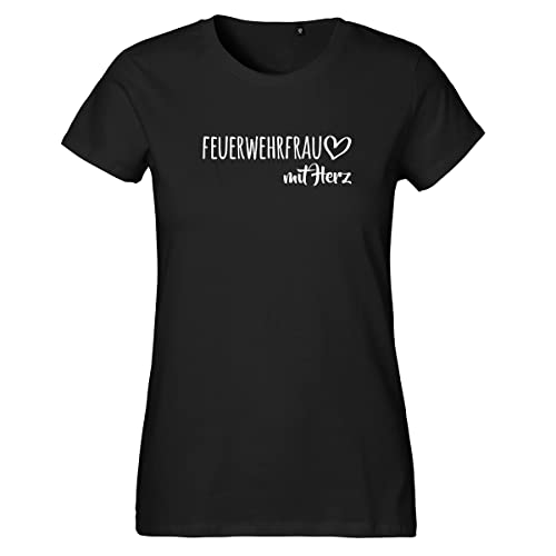 HUURAA Damen T-Shirt Feuerwehrfrau mit Herz Bio Baumwolle Fairtrade Oberteil Größe M Black mit Motiv für die tollsten Menschen Geschenk Idee für Freunde und Familie von HUURAA