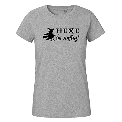 Huuraa Damen T-Shirt Hexe im Anflug Bio Baumwolle Fairtrade Oberteil Größe S Sport Grey mit witzigem Motiv Geschenk Idee für Freunde und Familie von Huuraa