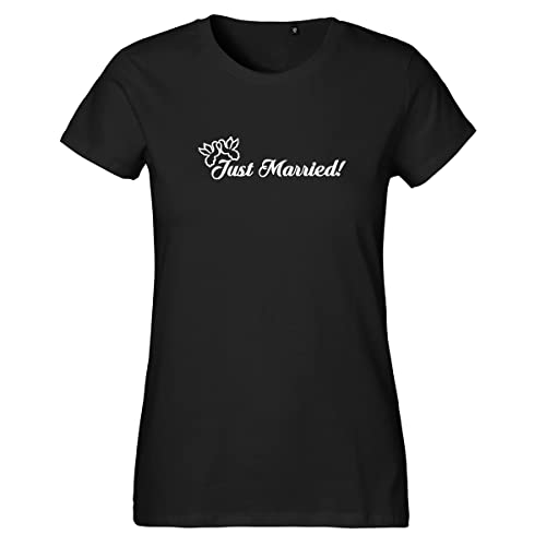 Huuraa Damen T-Shirt Just Married Tauben Bio Baumwolle Fairtrade Oberteil Größe M mit Motiv für alle Brautpaare Geschenk Idee für Freunde und Familie von Huuraa