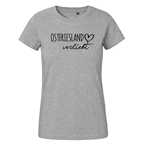 HUURAA Damen T-Shirt Ostfriesland verliebt Bio Baumwolle Fairtrade Oberteil Größe XL Sport Grey mit Namen deiner lieblings Region Geschenk Idee für Freunde und Familie von HUURAA