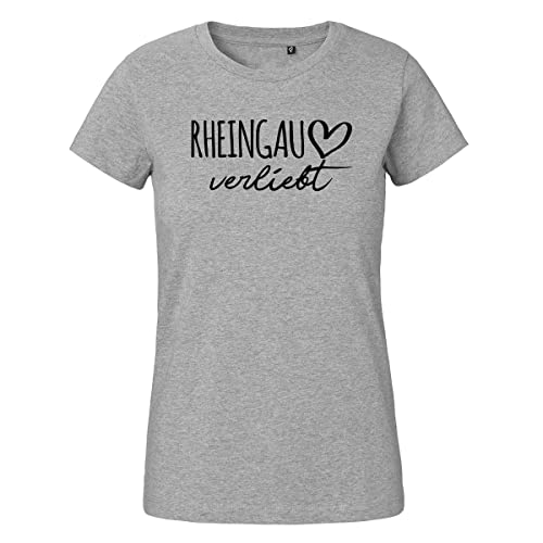 HUURAA Damen T-Shirt Rheingau verliebt Bio Baumwolle Fairtrade Oberteil Größe XL Sport Grey mit Namen deiner lieblings Region Geschenk Idee für Freunde und Familie von HUURAA