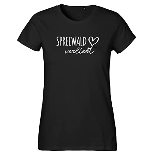 HUURAA Damen T-Shirt Spreewald verliebt Bio Baumwolle Fairtrade Oberteil Größe XXL Black mit Namen deiner lieblings Region Geschenk Idee für Freunde und Familie von HUURAA