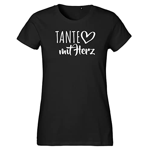 HUURAA Damen T-Shirt Tante mit Herz Bio Baumwolle Fairtrade Oberteil Größe M Black mit Motiv für die tollsten Menschen Geschenk Idee für Freunde und Familie von HUURAA