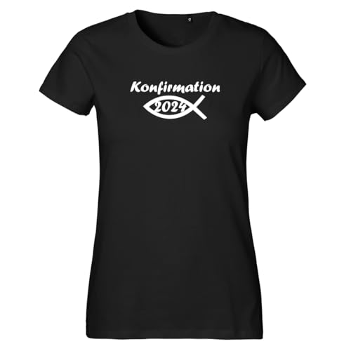 Huuraa Frauen T-Shirt Konfirmation 2024 Fisch Geschenk Frauenshirt Black Größe S Bio Baumwolle Fairtrade Konfirmation 2024 Geschenkidee von Huuraa