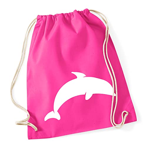 Huuraa Turnbeutel Delfin Silhouette Rucksack Baumwolle 12 Liter Größe Fuchsia mit Motiv für alle Tierfreunde Geschenk Idee für Freunde und Familie von Huuraa