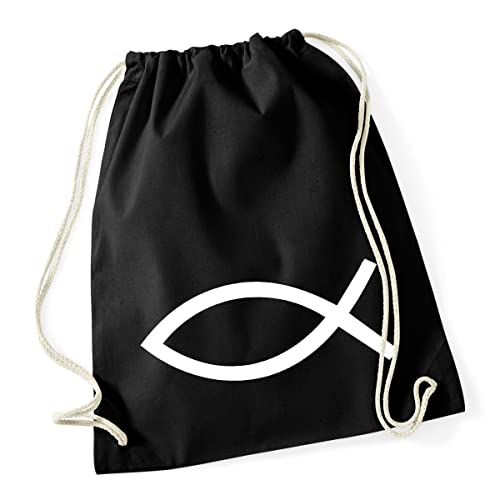 HUURAA Turnbeutel Fische Symbol Rucksack Baumwolle 12 Liter Black mit Motiv für Kirche und Glaube Geschenk Idee für Freunde und Familie von HUURAA