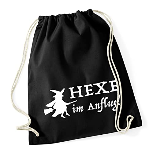 HUURAA Turnbeutel Hexe im Anflug Rucksack Baumwolle 12 Liter Black mit witzigem Motiv Geschenk Idee für Freunde und Familie von HUURAA