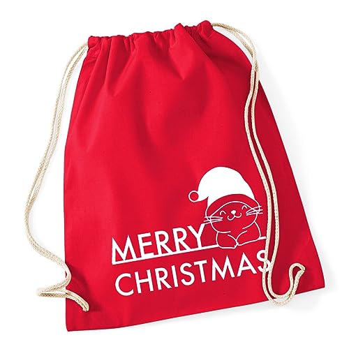 Huuraa Turnbeutel Merry Christmas Katze Rucksack Baumwolle 12 Liter Größe Classic Red mit Weihnachts Motiv Geschenk Idee für Freunde und Familie von Huuraa