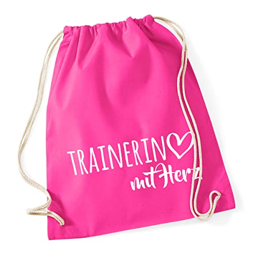 HUURAA Turnbeutel Trainerin mit Herz Rucksack Baumwolle 12 Liter Fuchsia mit Motiv für die tollsten Menschen Geschenk Idee für Freunde und Familie von HUURAA