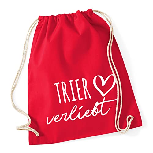 HUURAA Turnbeutel Trier verliebt Rucksack Baumwolle 12 Liter Classic Red mit Namen deiner lieblings Stadt Geschenk Idee für Freunde und Familie von HUURAA