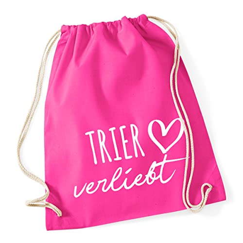 HUURAA Turnbeutel Trier verliebt Rucksack Baumwolle 12 Liter Fuchsia mit Namen deiner lieblings Stadt Geschenk Idee für Freunde und Familie von HUURAA