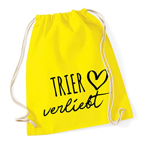 HUURAA Turnbeutel Trier verliebt Rucksack Baumwolle 12 Liter Yellow mit Namen deiner lieblings Stadt Geschenk Idee für Freunde und Familie von HUURAA