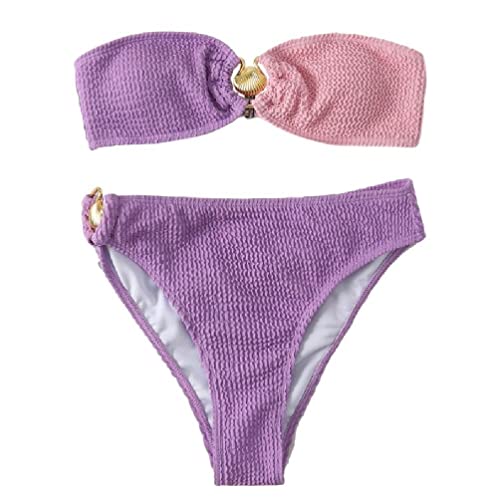 huwvqci Damen Bandeau-Bikini-Set mit Muscheln, gerippt, trägerlos, Badeanzüge, 2-teilig, gesmokter Bikini-Set von huwvqci