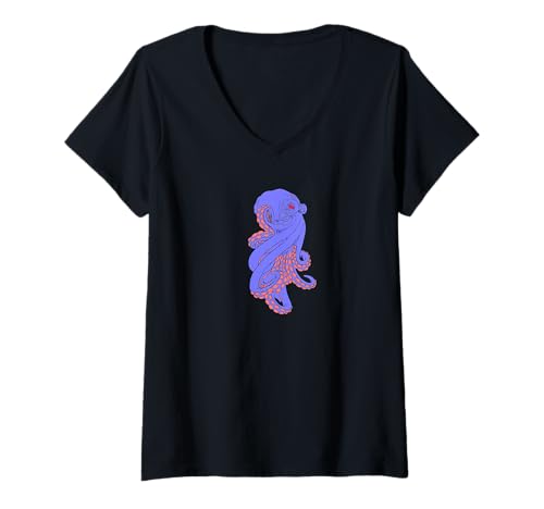 Damen Buntes Oktopus-Kunst-Kraken-Tentakel Meerestier-Design T-Shirt mit V-Ausschnitt von hype 1983