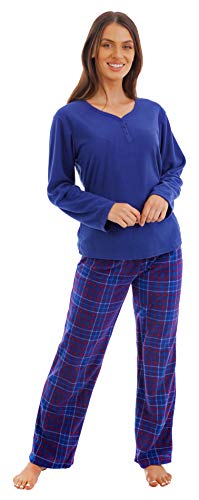 Warmes, weiches Schlafanzug-Set für Damen für kalte Tage aus kuschligem Fleece Gr. Medium, Navy with Check Pants von i-Smalls