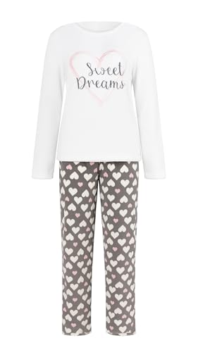 i-Smalls Damen Wunderschönes Weiches Fleece Pyjama Set mit Gesticktem Motiv Top und Bedruckten PJ Unterteile mit Herzdruck Augenmaske (M) Cream von i-Smalls