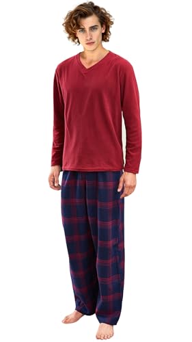 i-Smalls Herren Warm Winter Pyjama Set Fleece Top Karierte Hose Nachtwäsche, Newquay Red, M von i-Smalls