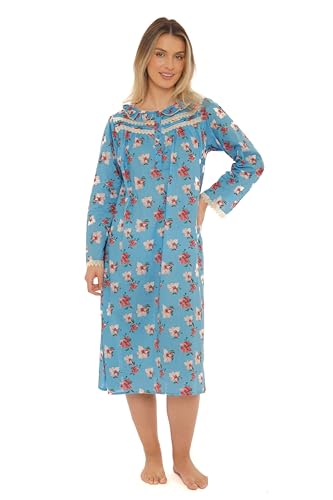 i-Smalls Superweiches Nachthemd aus 100 % Baumwolle, Blumenmuster, langes Winter-Nachthemd mit Knopfleiste und bestickten Spitzendetails, azurblau, 48 von i-Smalls