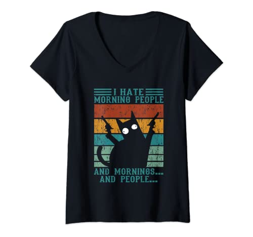 Damen I Hate Morning People And Mornings And People Katze Kaffee T-Shirt mit V-Ausschnitt von i dont like morning people verrückte Katze