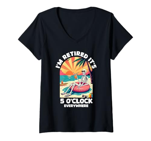 Damen Lustiger Rentner, ich bin im Ruhestand, es ist 5 Uhr T-Shirt mit V-Ausschnitt von i'm retired it's 5 o'clock everywhere Retirement