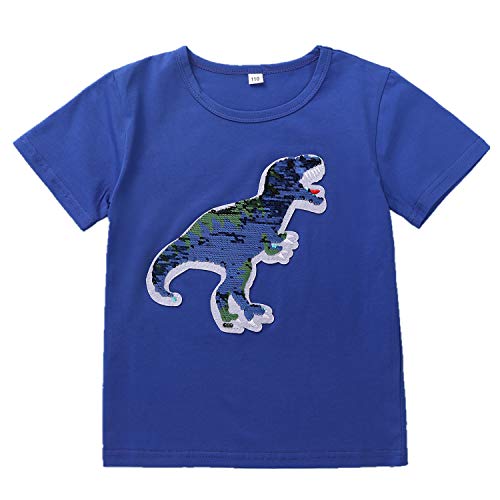 Dinosaurier Flip Pailletten Mädchen Jungen Kinder Kurzarm T-Shirt (Größe 3-8T), blau, 110 cm von i pass