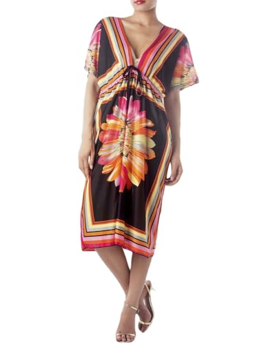 iB-iP Damen Blumenschmetterlingsärmel Entspannt Gemütlich Midi Freizeitkleid, Größe: 42, Orange von iB-iP
