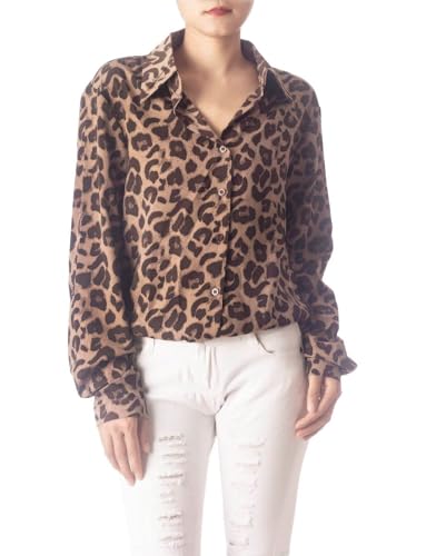 iB-iP Damen Langarmshirt Leopardmuster Knopfleiste Casual, Größe: M, Leopard von iB-iP