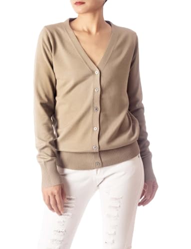 iB-iP Damen Leichter Strickjacke V-Ausschnitt Knopf Cardigan, Größe: XL, Leichte Taupe von iB-iP