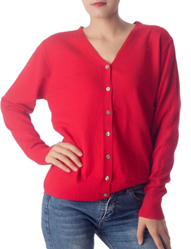 iB-iP Damen Leichter V-Ausschnitt Strickjacke Pullover Cardigan, Größe: 36, Rot von iB-iP