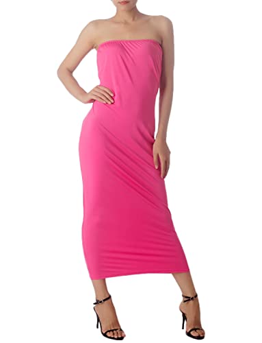 iB-iP Damen Nackte Schulter Dehnbar Röhre Figurbetonten Lange Trägerlosen Kleid, Größe: 36, Hot Pink von iB-iP