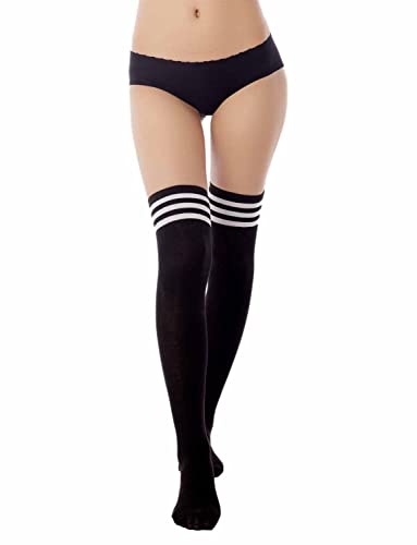 iB-iP Damen Navy Streifen Sport Fußball Stil Halterlose Oberschenkel Hohe Lange Socken, Größe: Einheitsgröße, Schwarz von iB-iP