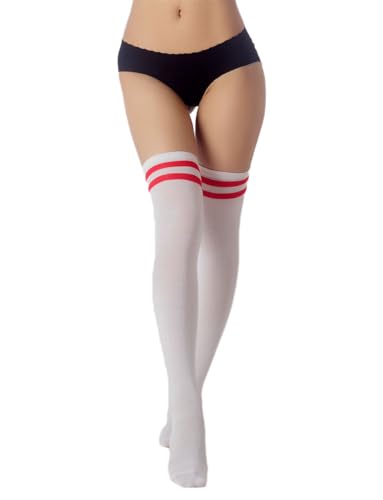 iB-iP Damen Navy Streifen Zebrastreifen Strumpf Schenkel Hoch Knee-high Socken, Größe: Einheitsgröße, Weiß & Rot von iB-iP