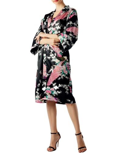 iB-iP Damen Pfauen Pflaumenblüten Modestil Japanische Kimono Midi Robe, Größe: 40, Schwarz von iB-iP