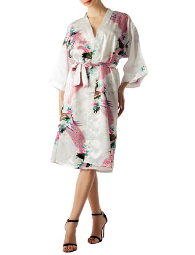 iB-iP Damen Pfauen Pflaumenblüten Modestil Japanische Kimono Midi Robe, Größe: 40, Weiß von iB-iP