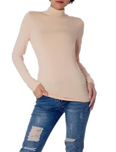 iB-iP Damen Slim Fit Langarm Hoher Kragen Gemütlich Henley Oberteile, Größe: 36, Beige von iB-iP