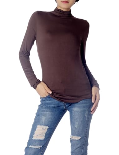 iB-iP Damen Slim Fit Langarm Hoher Kragen Gemütlich Henley Oberteile, Größe: 40, Dunkelbraun von iB-iP